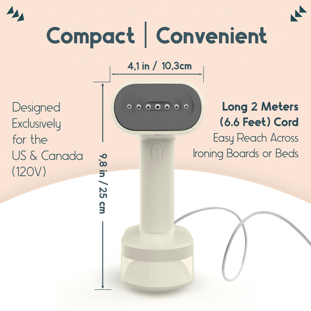 Compact 120V portable steamer for US and Canada with 2-meter long cord, 9.8-inch height, and 4.1-inch wide ceramic steam head.