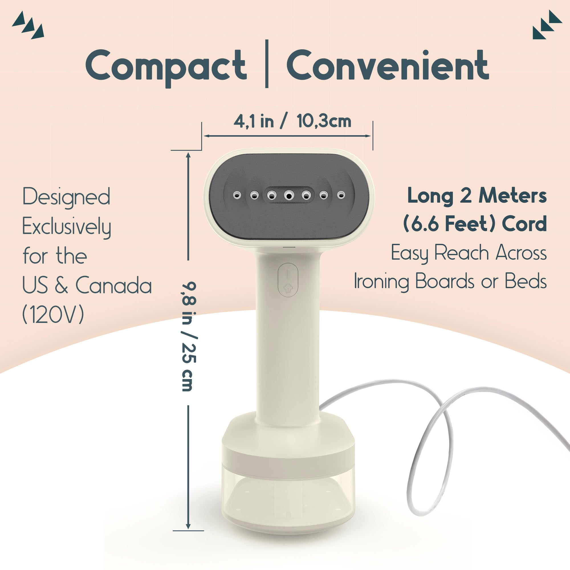 Compact 120V portable steamer for US and Canada with 2-meter long cord, 9.8-inch height, and 4.1-inch wide ceramic steam head.