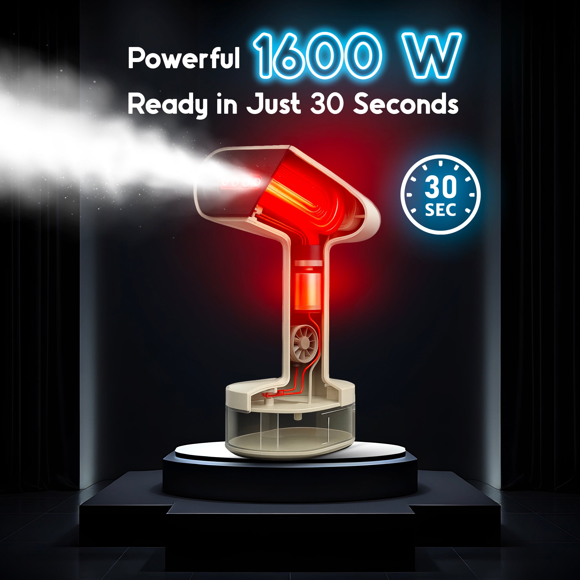 Tata Michelle 1600W handheld garment steamer showing internal heating components and 30-second fast heat-up time.
