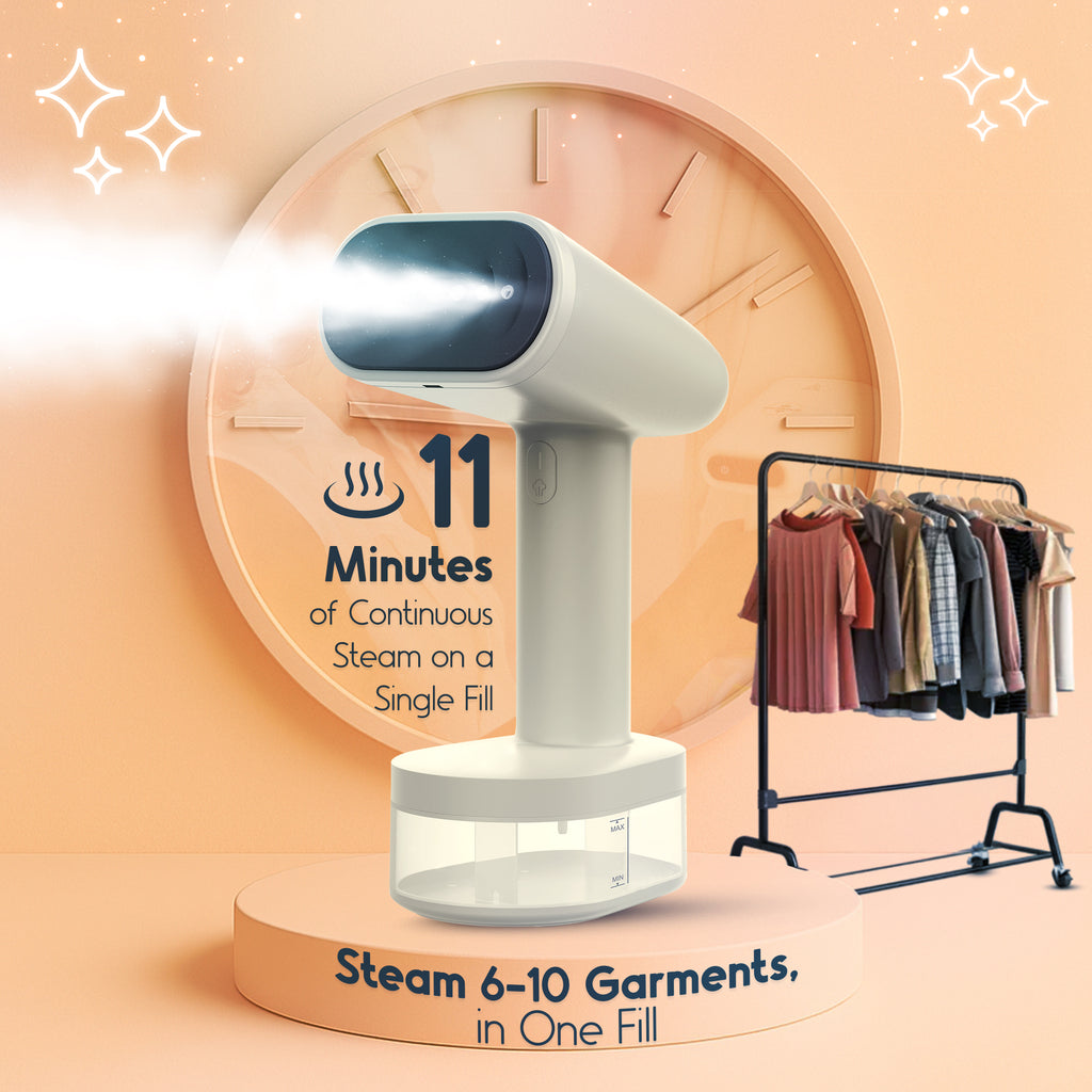 Powerful clothing steamer providing 11 minutes of continuous steam to iron 6 to 10 garments on a single water tank fill.
