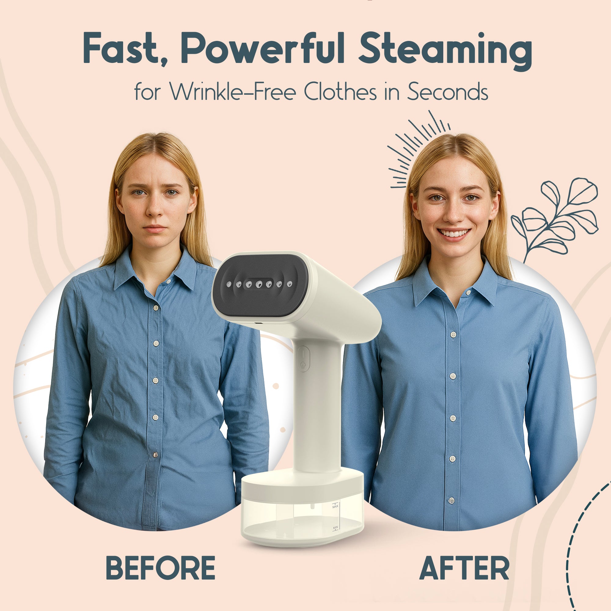 Side-by-side comparison showing a wrinkled blue button-down shirt before and after using the TataMichelle powerful fast steaming iron.